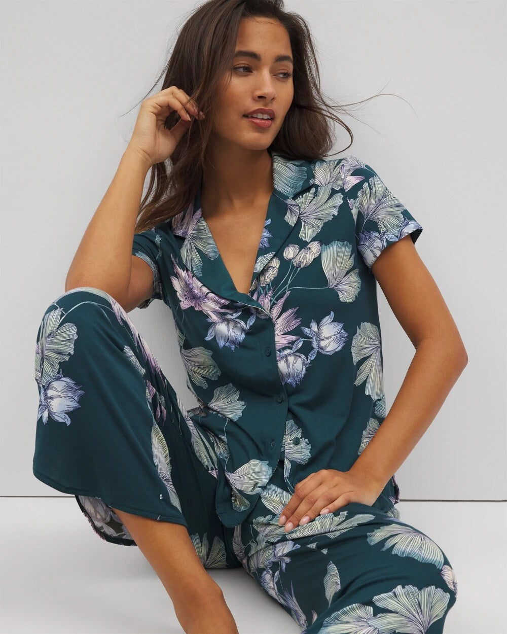Soma / Short Sleeve Notch Collar Pajama Top HAVEN BOTANICAL DARK SEA