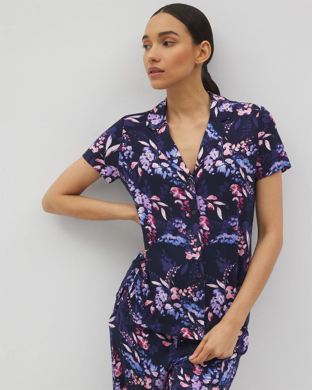 Soma / Short Sleeve Notch Collar Pajama Top BLOOM BRIGHTLY NAVY