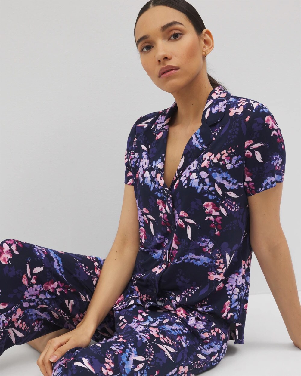 Soma / Short Sleeve Notch Collar Pajama Top BLOOM BRIGHTLY NAVY