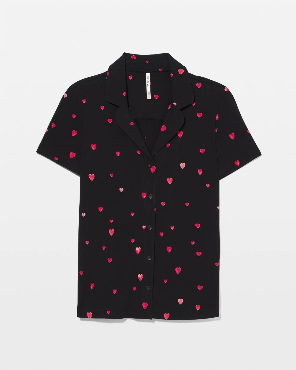 Soma / Short Sleeve Notch Collar Pajama Top FLOATING HEARTS BLACK RED