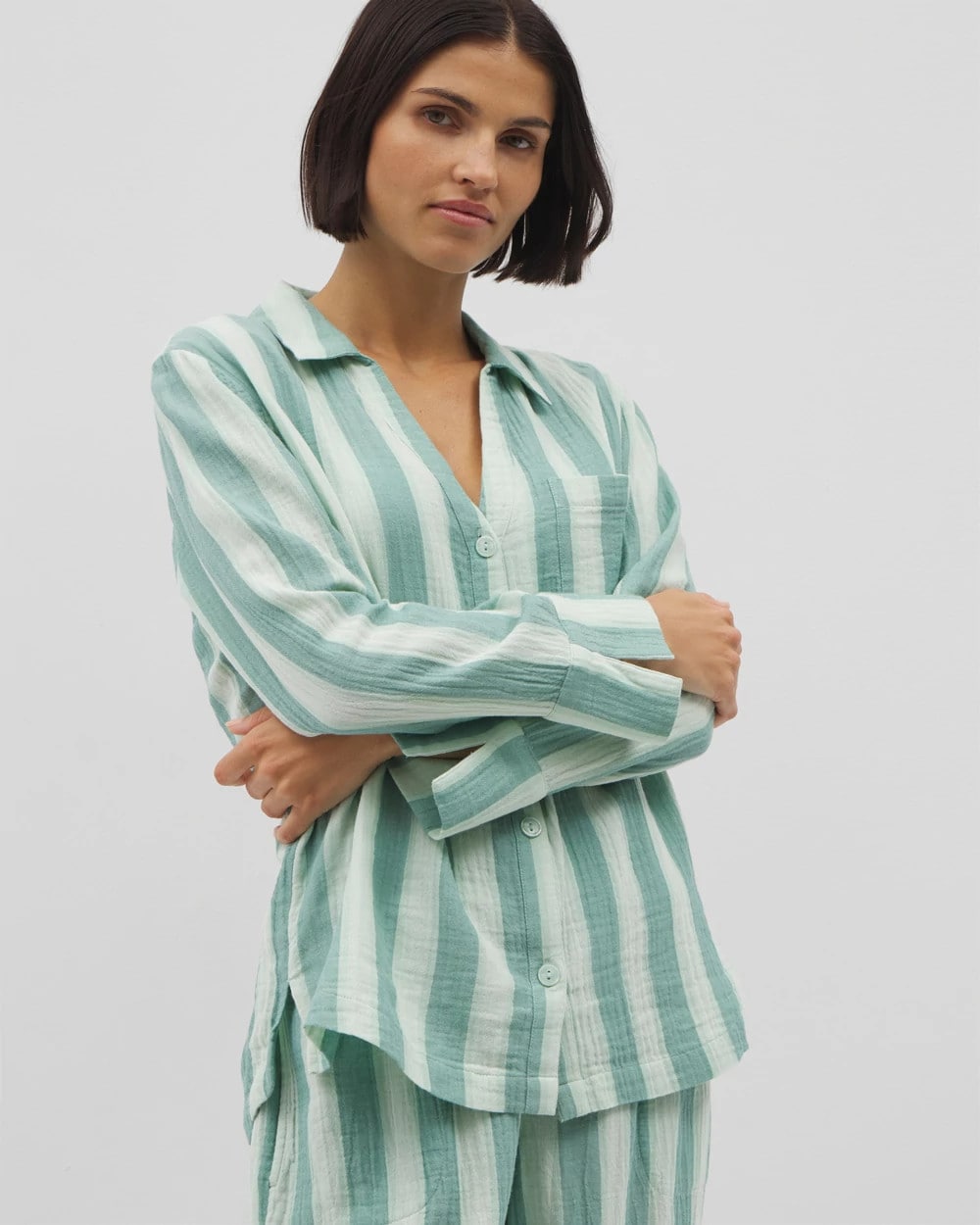Soma / Cotton Gauze Long Sleeve Notch Collar Pajama Top TEAL STRIPE