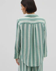 Soma / Cotton Gauze Long Sleeve Notch Collar Pajama Top TEAL STRIPE