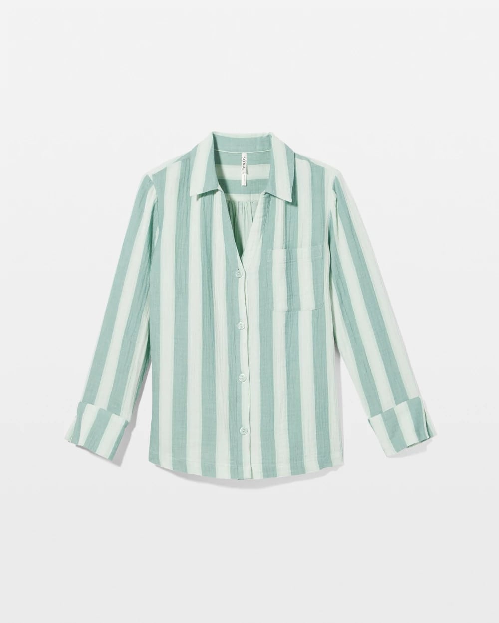 Soma / Cotton Gauze Long Sleeve Notch Collar Pajama Top TEAL STRIPE