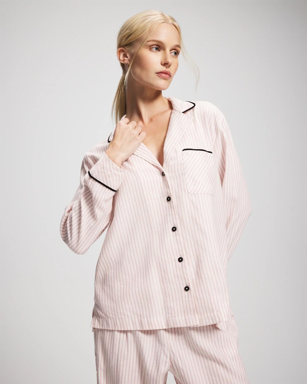 Soma / Long-Sleeve Notch Collar Pajama Top STOCKING STRIPE VERT PINK