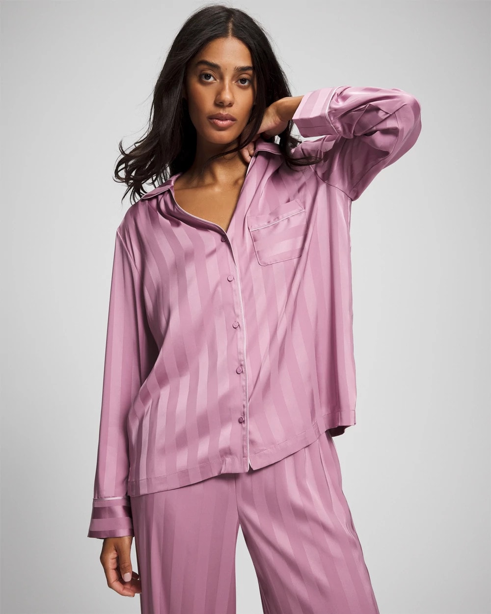 Soma / Shadow Stripe Long Sleeve Pajama Notch Collar Top LILAC WINE