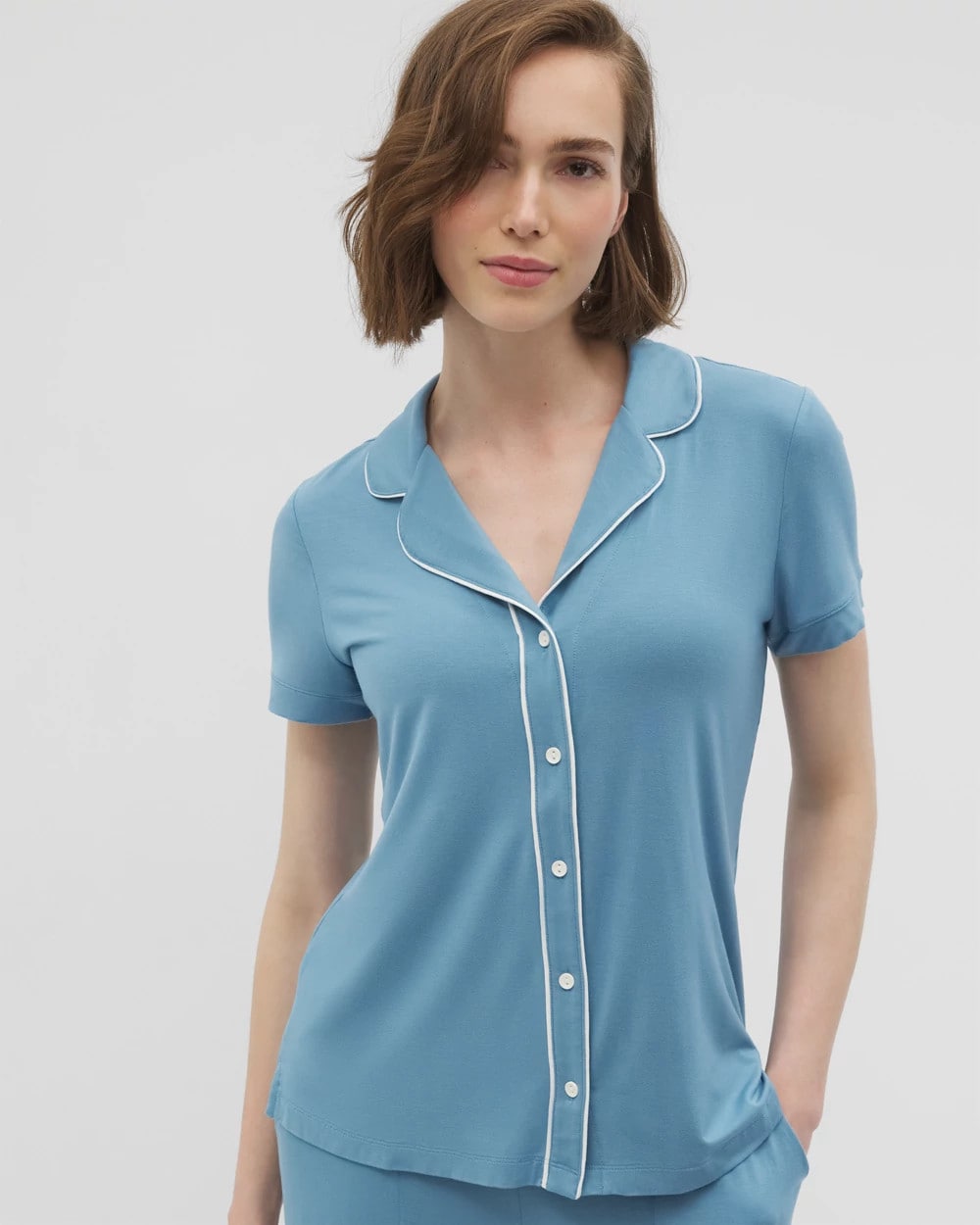 Soma / Solid Short Sleeve Notch Collar Pajama Top BLUE HEAVEN