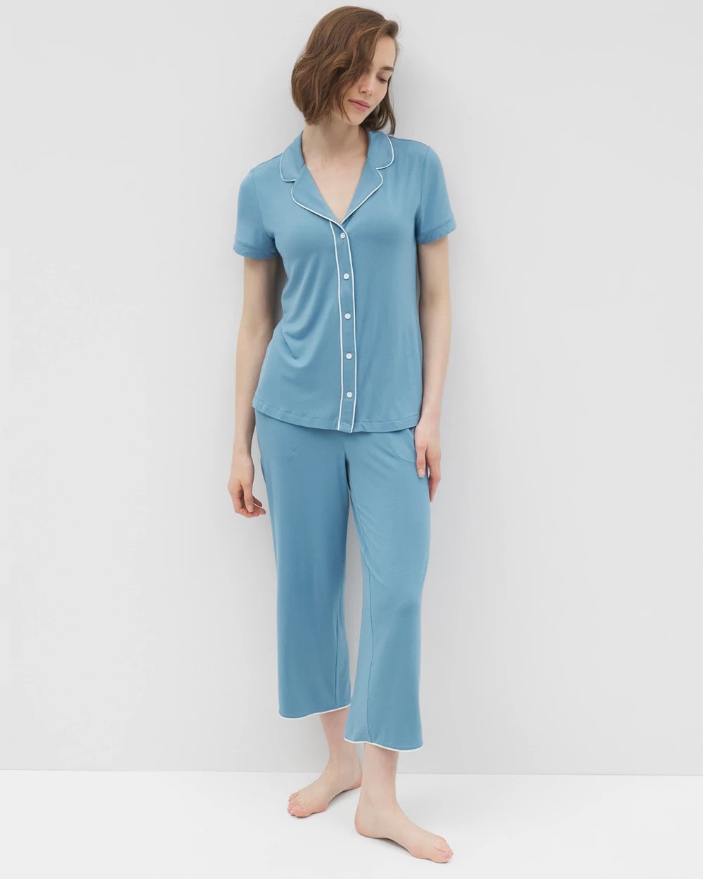 Soma / Solid Short Sleeve Notch Collar Pajama Top BLUE HEAVEN