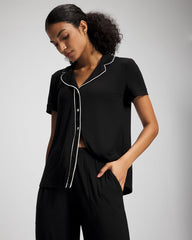 Soma / Solid Short Sleeve Notch Collar Pajama Top BLACK