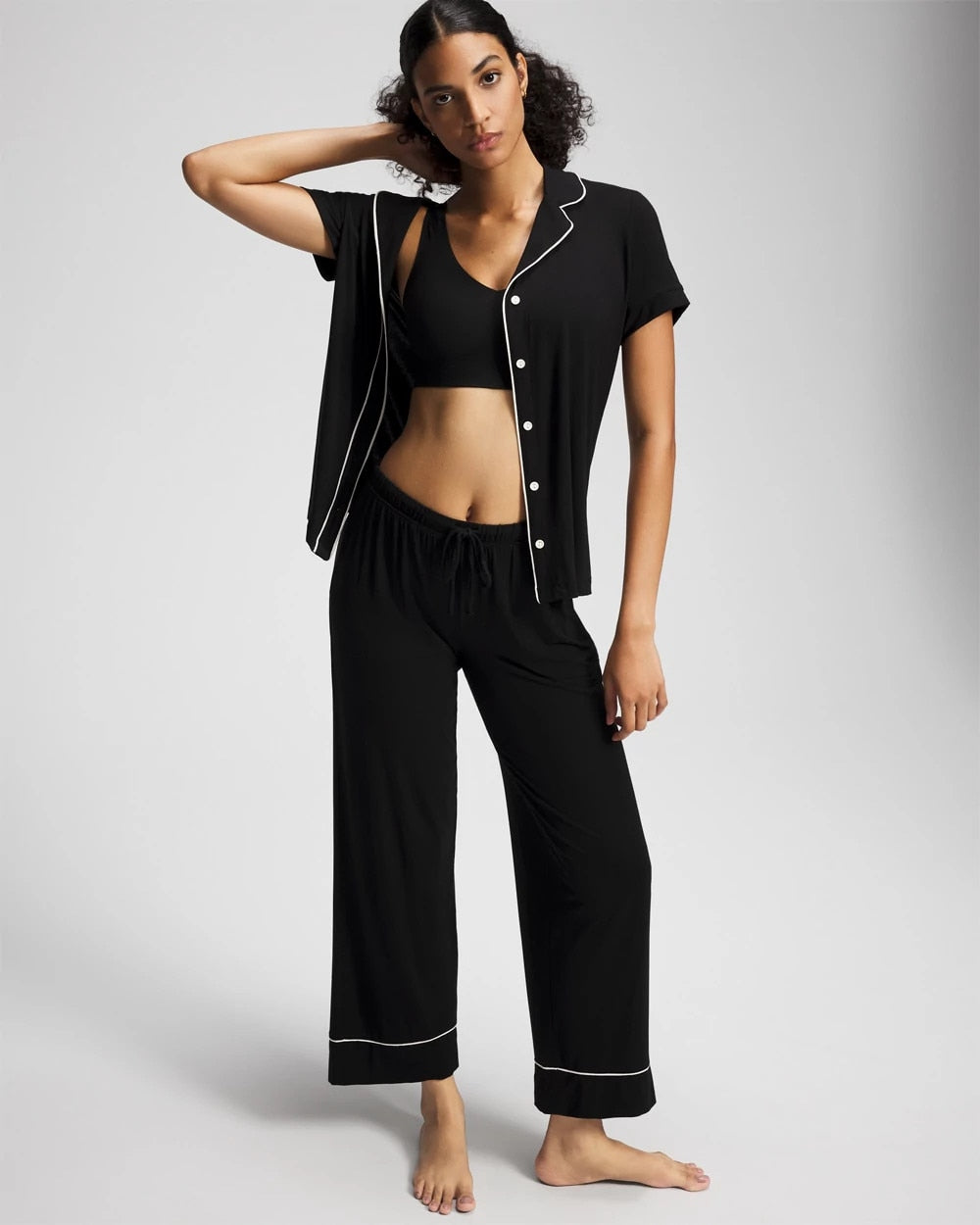 Soma / Solid Short Sleeve Notch Collar Pajama Top BLACK