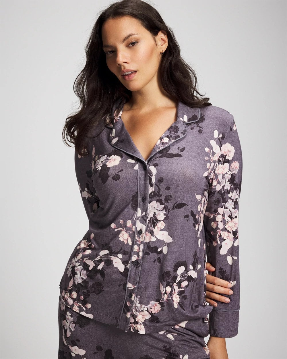 Soma / Long-Sleeve Printed Notch Collar Pajama Top FLORAL DREAMS GRAY
