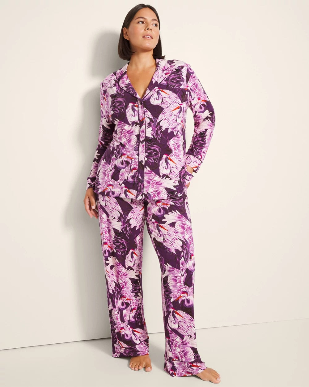 Soma / Long-Sleeve Printed Notch Collar Pajama Top COURTING CRANES BLKBRY