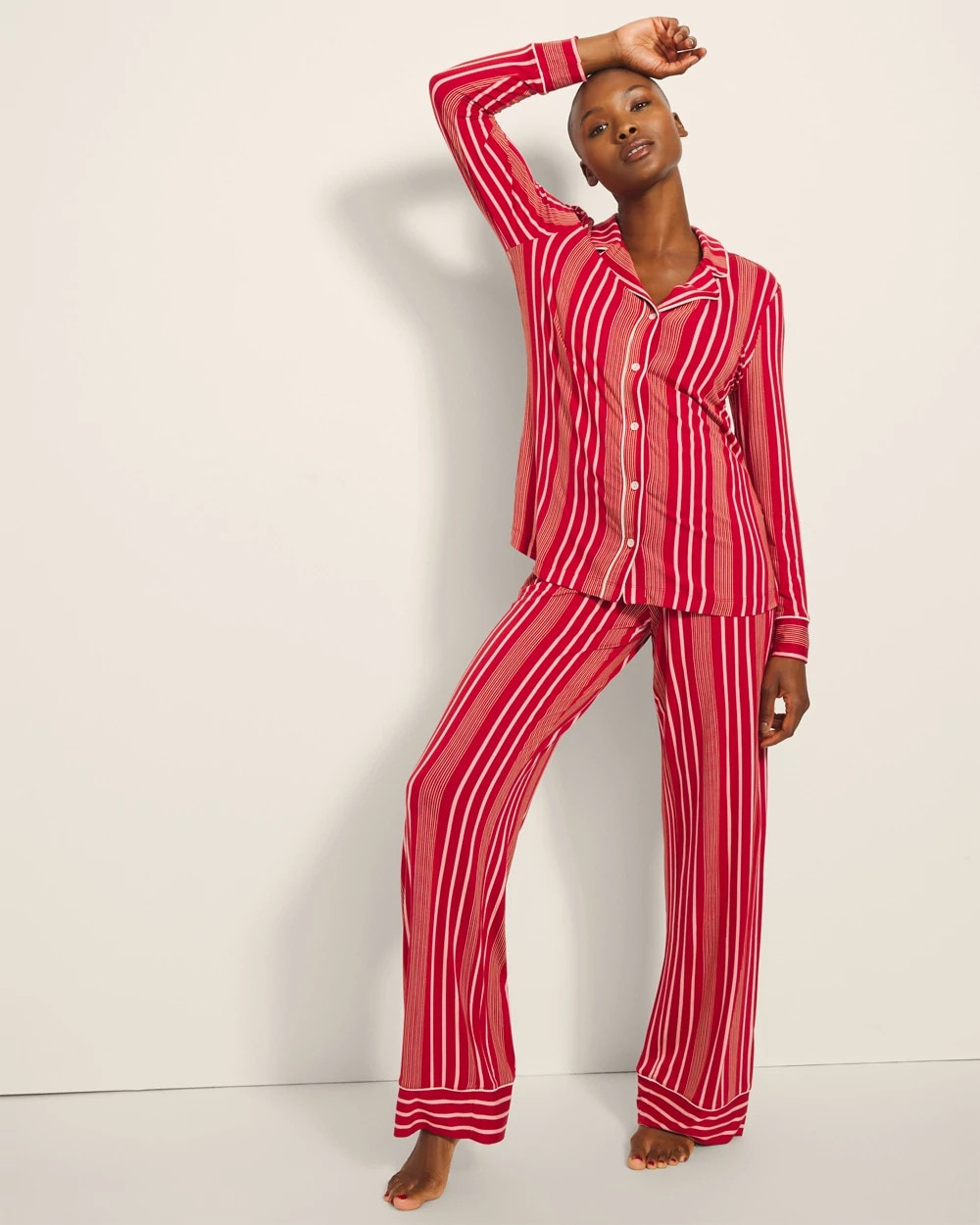 Soma / Long-Sleeve Printed Notch Collar Pajama Top ASPEN STRIPE RED