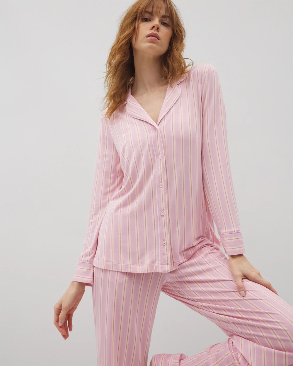 Soma / Long-Sleeve Printed Notch Collar Pajama Top BLISS STRIPE LAVENDER