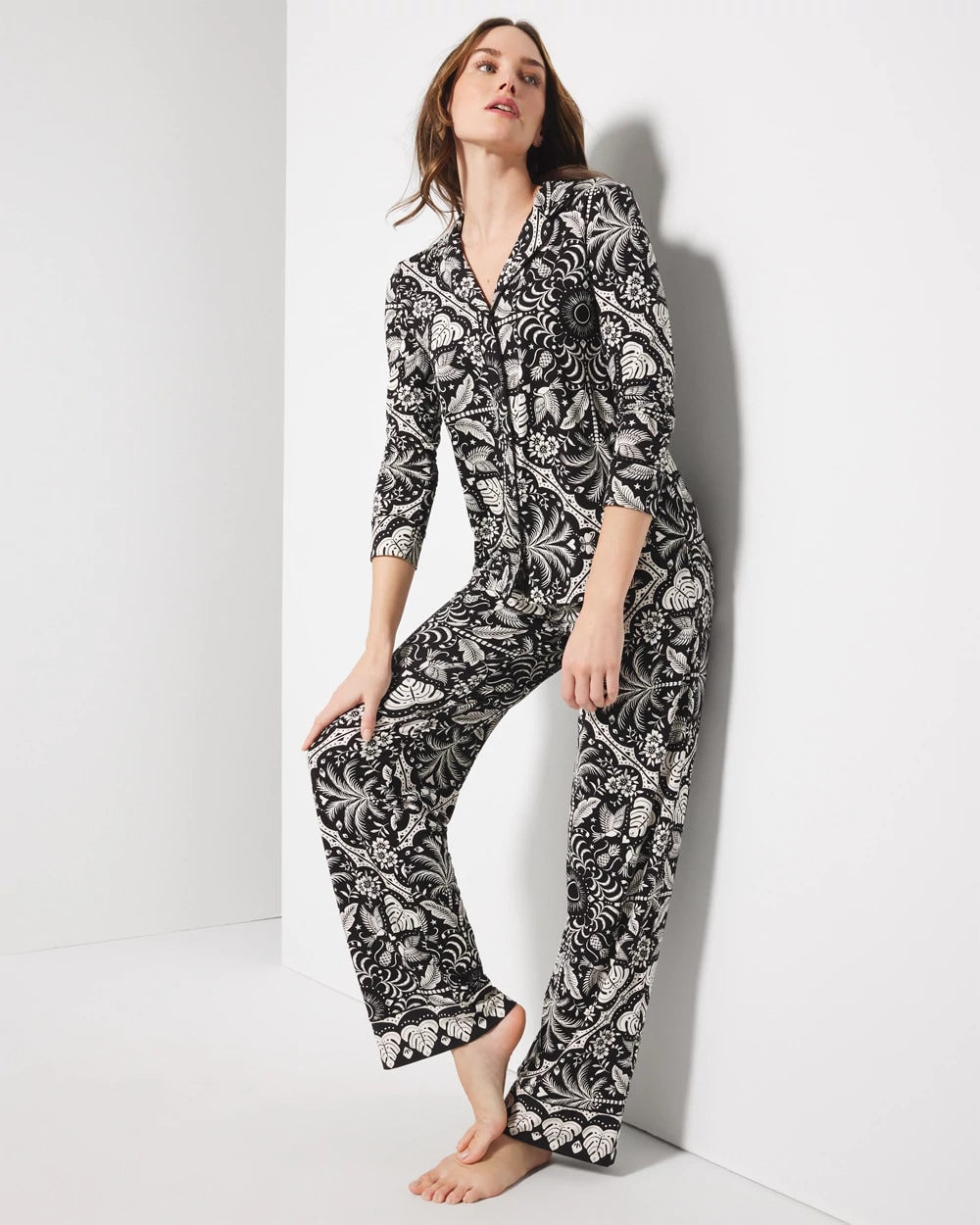 Soma / Long-Sleeve Printed Notch Collar Pajama Top AMAZONIA TILE BLACK