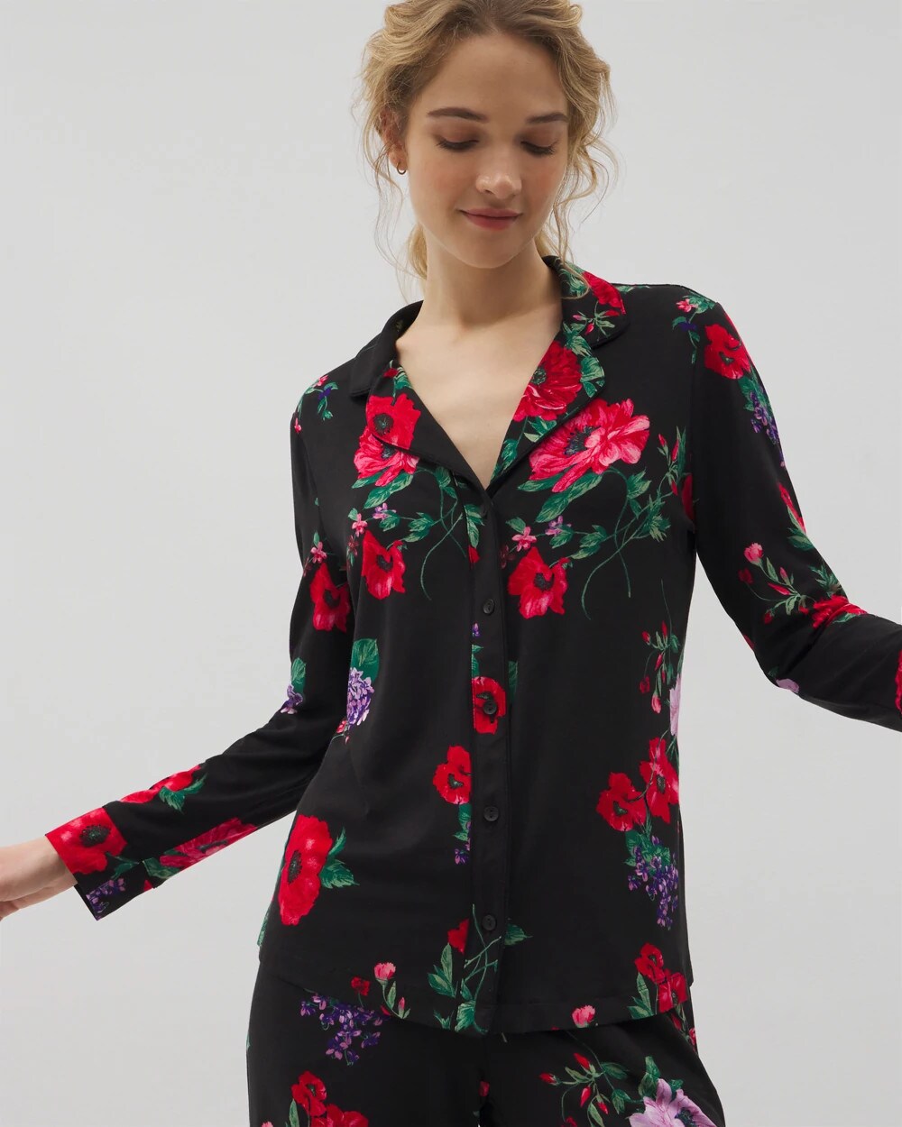 Soma / Long-Sleeve Printed Notch Collar Pajama Top RHAPSODY FLORA BLACK