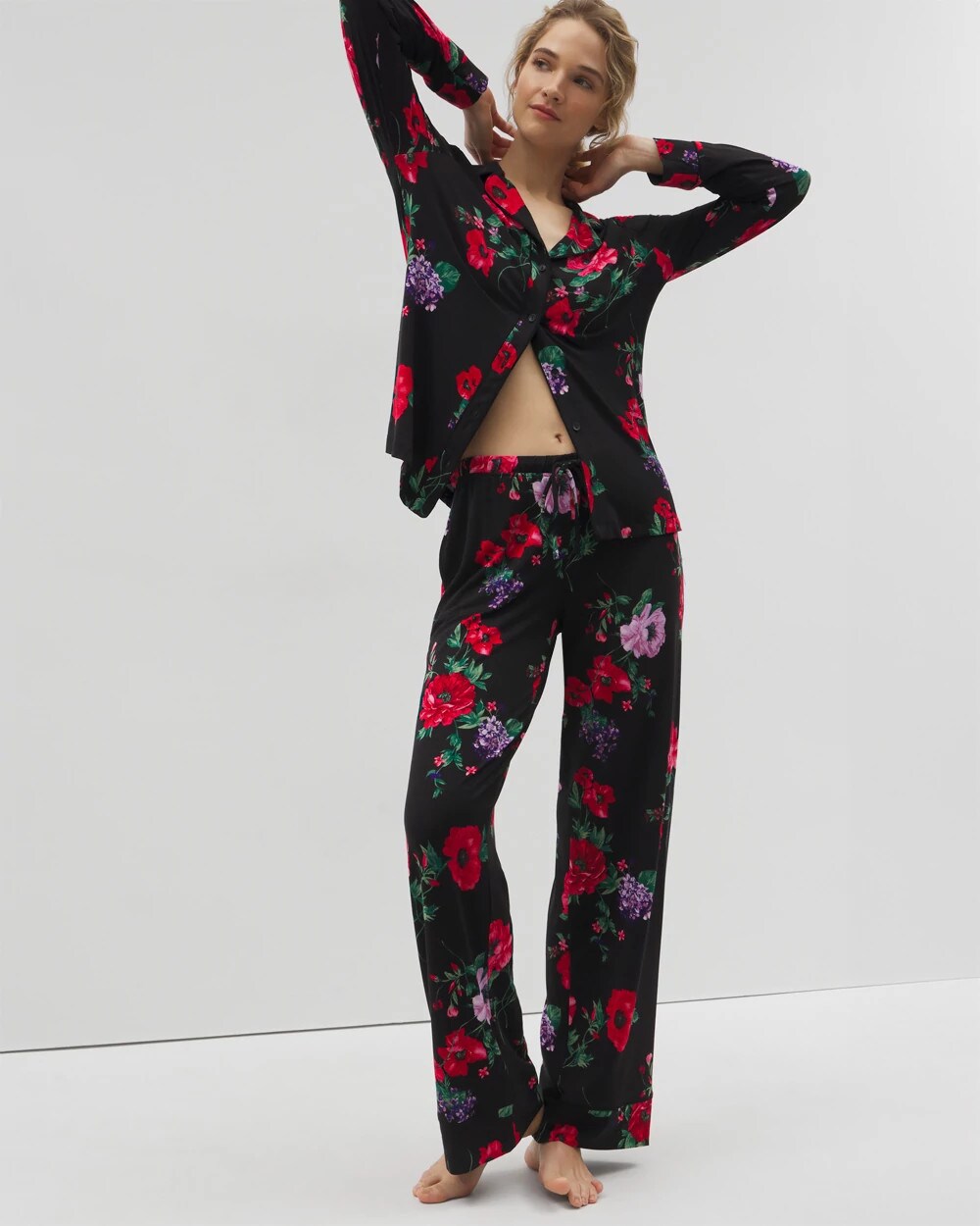 Soma / Long-Sleeve Printed Notch Collar Pajama Top RHAPSODY FLORA BLACK