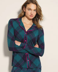 Soma / Long-Sleeve Printed Notch Collar Pajama Top BUNDLE UP PLAID BIAS TEAL