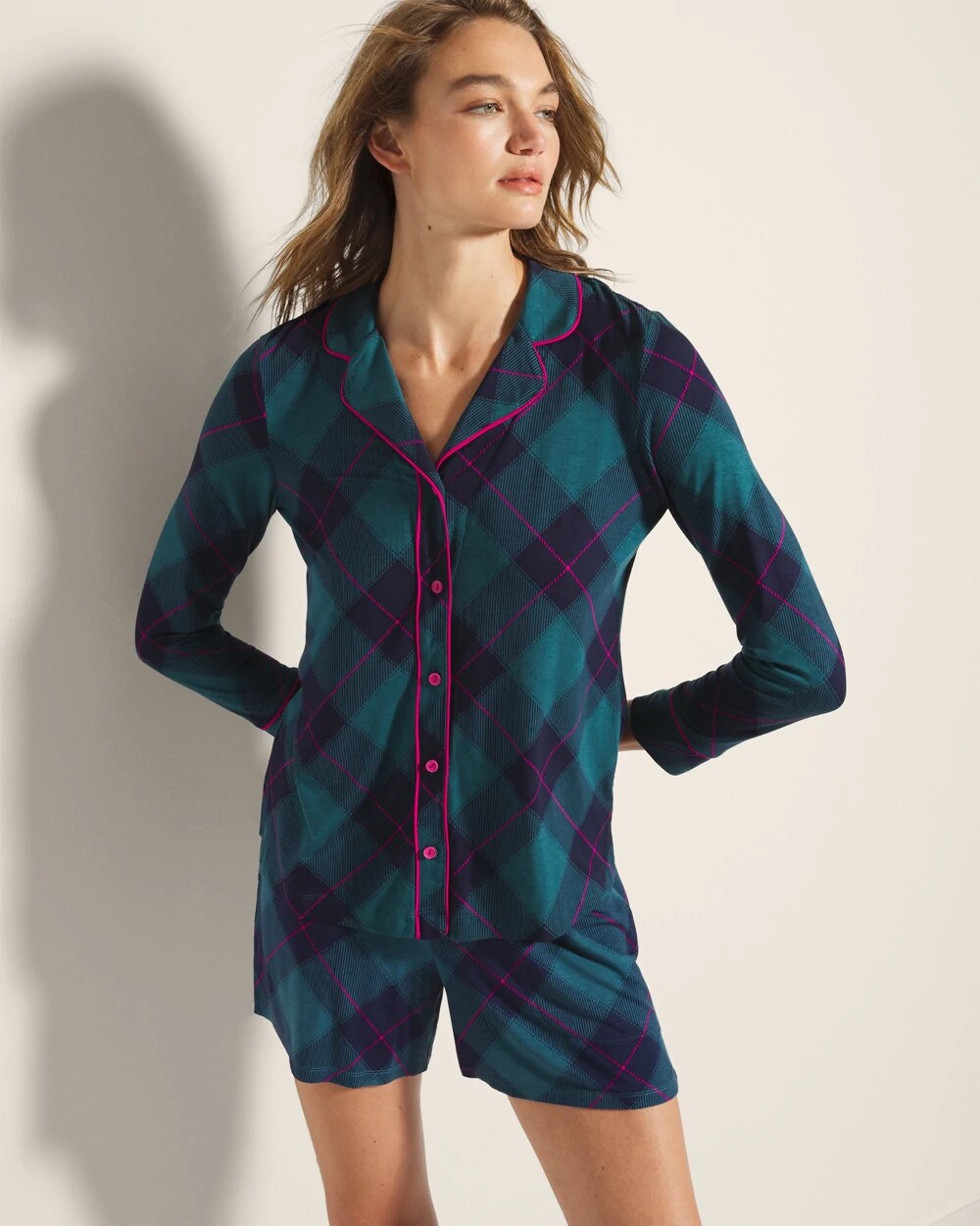Soma / Long-Sleeve Printed Notch Collar Pajama Top BUNDLE UP PLAID BIAS TEAL