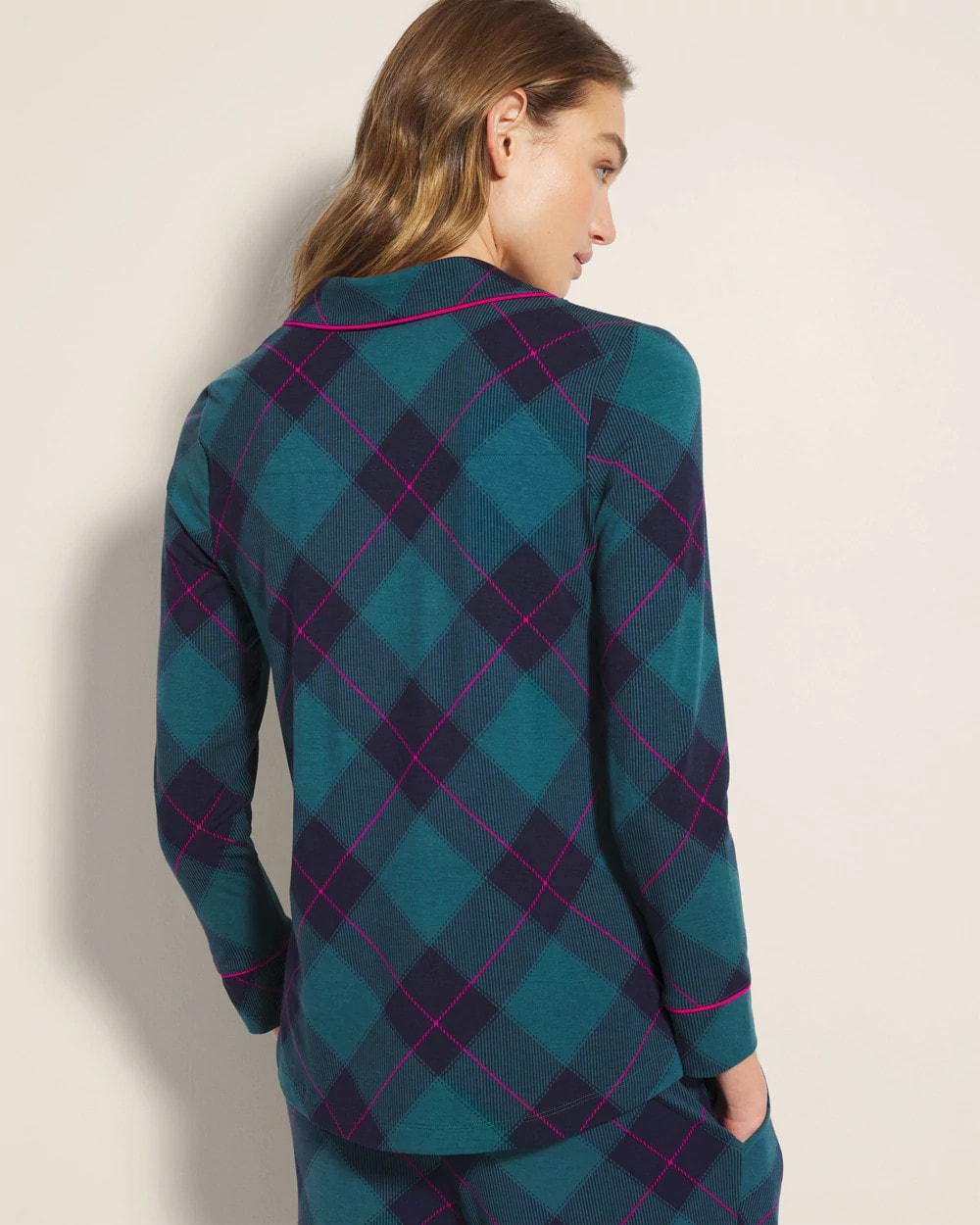 Soma / Long-Sleeve Printed Notch Collar Pajama Top BUNDLE UP PLAID BIAS TEAL