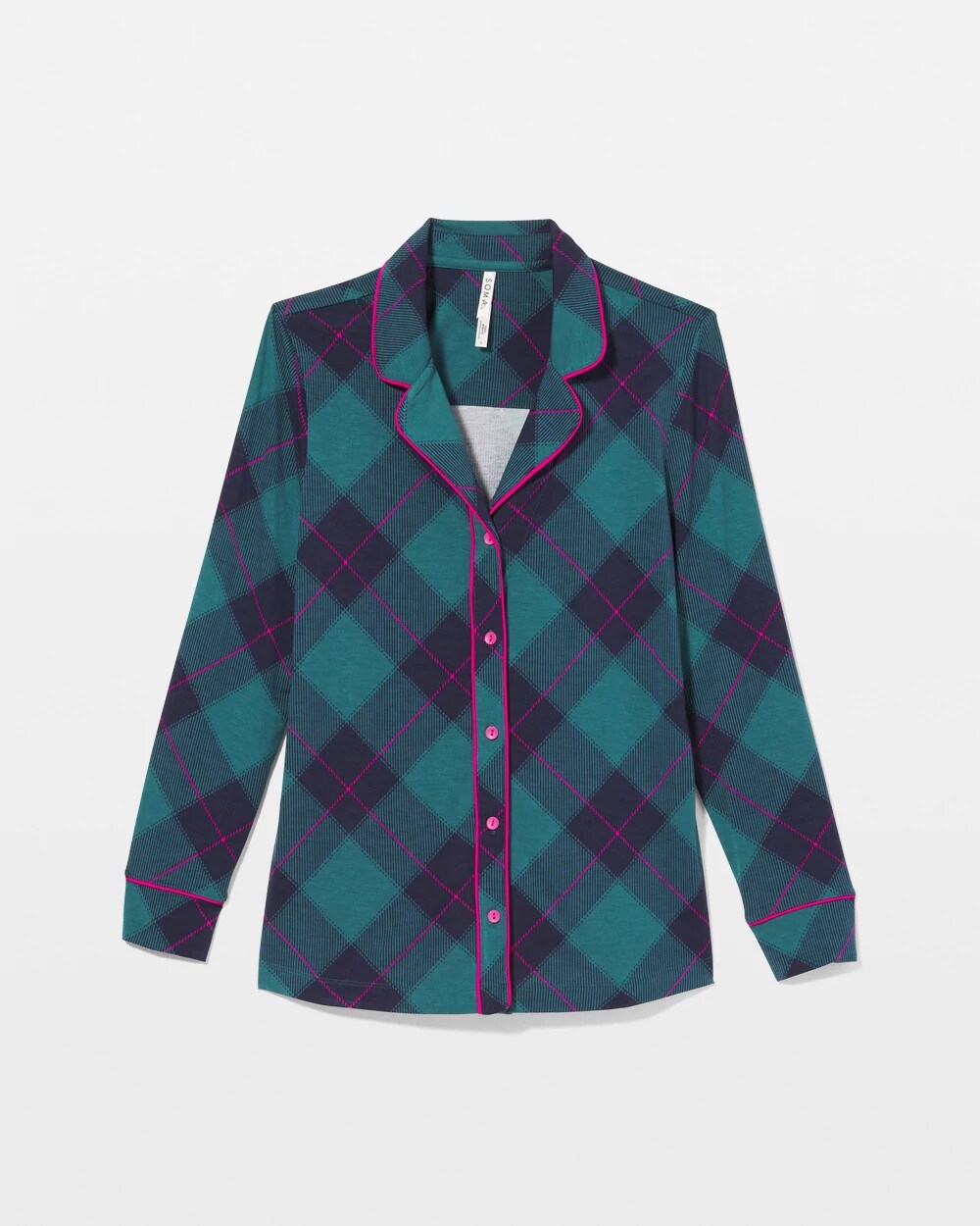 Soma / Long-Sleeve Printed Notch Collar Pajama Top BUNDLE UP PLAID BIAS TEAL