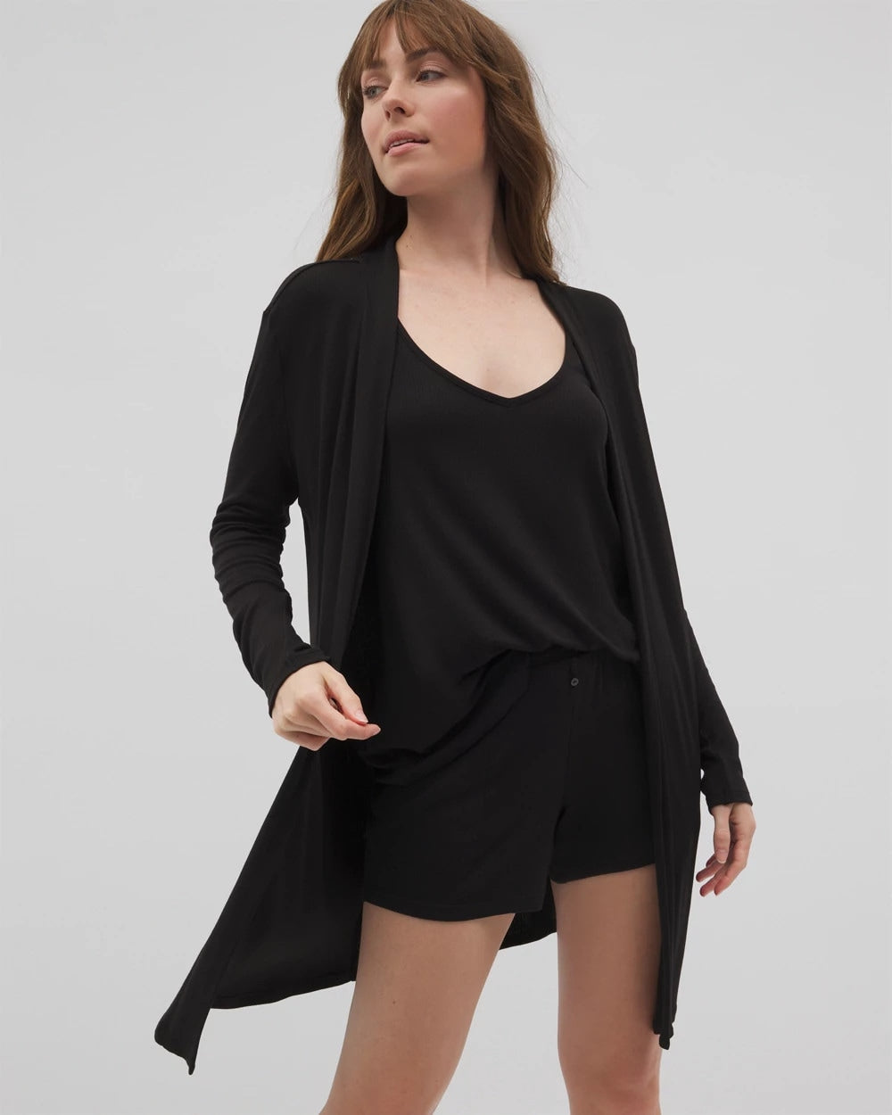 Soma / Lightweight Rib Knit Long Sleeve Wrap BLACK