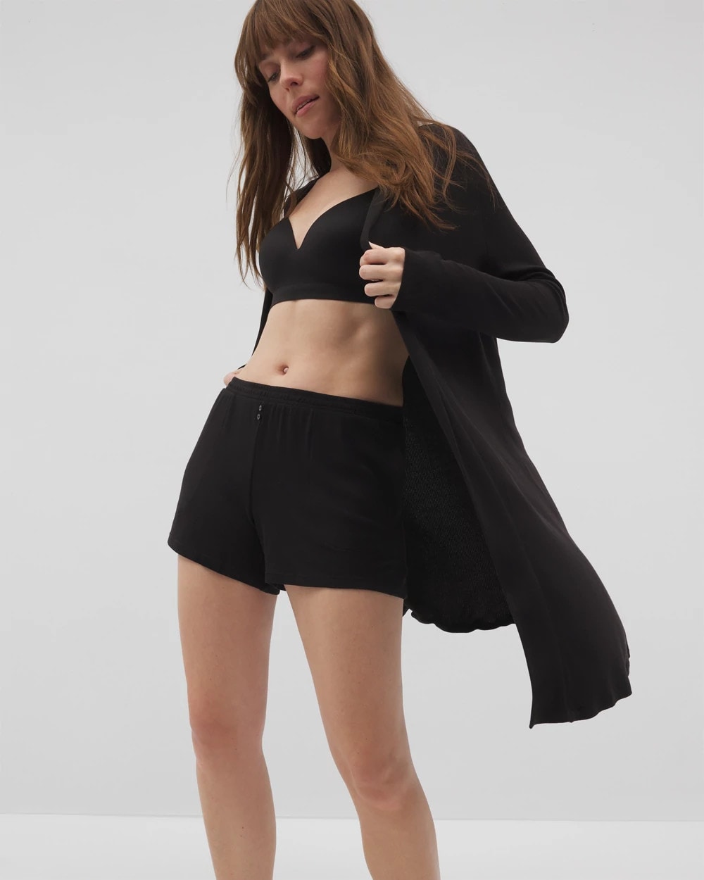 Soma / Lightweight Rib Knit Long Sleeve Wrap BLACK