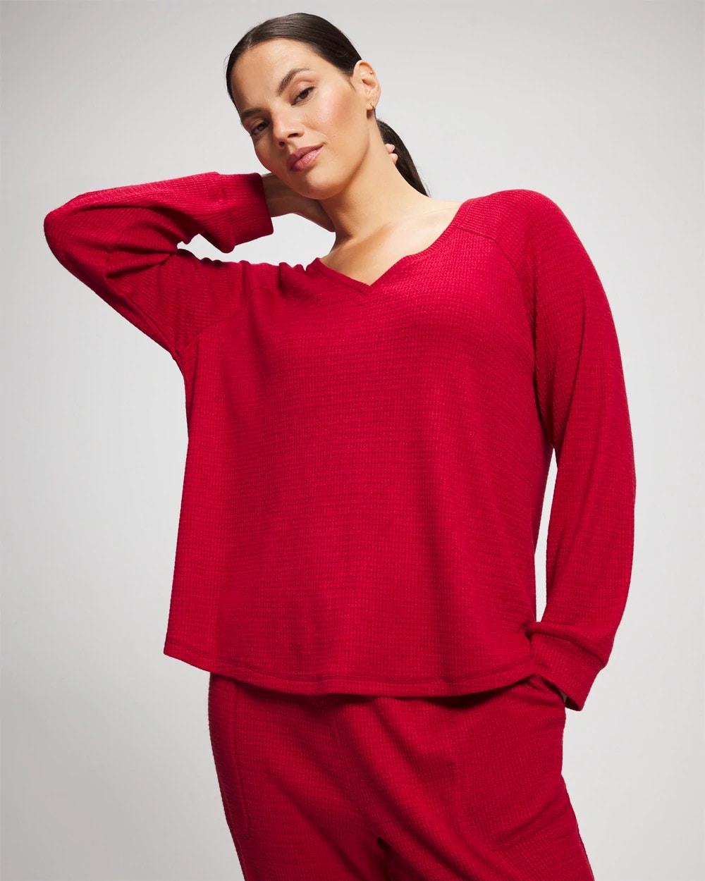 Soma / Cozy Waffle Long Sleeve V-Neck Pajama Top PAINT THE TOWN RED