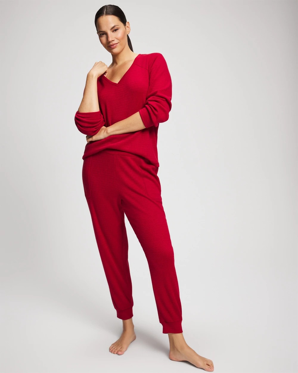 Soma / Cozy Waffle Long Sleeve V-Neck Pajama Top PAINT THE TOWN RED