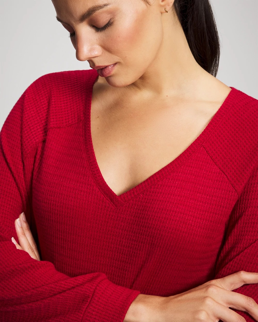 Soma / Cozy Waffle Long Sleeve V-Neck Pajama Top PAINT THE TOWN RED