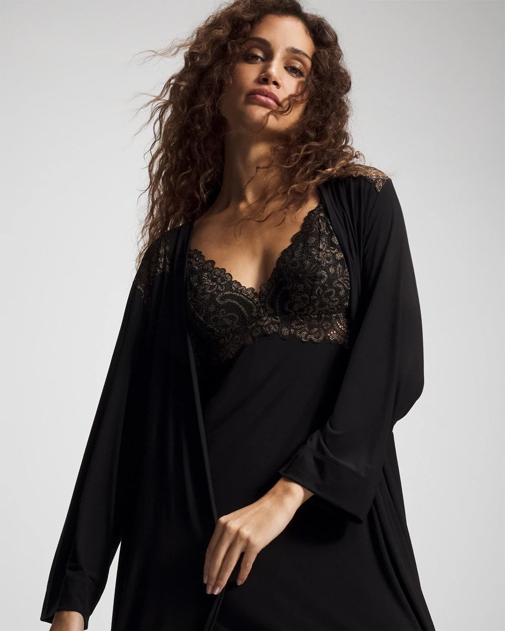 Soma / Long Robe with Lace BLACK