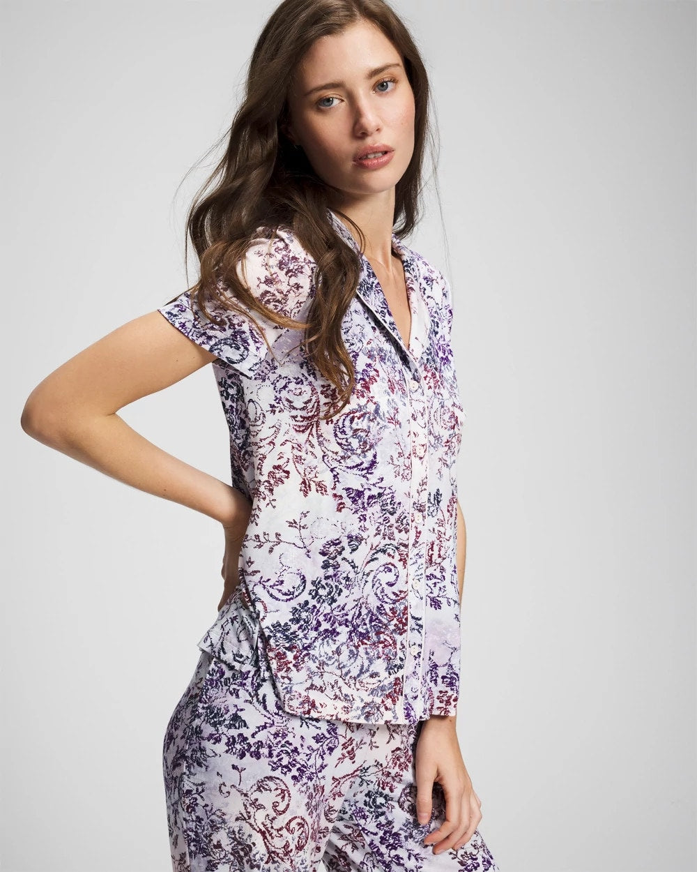 Soma / Piped Short Sleeve Notch Collar Pajama Top LACE HARMONY LILAC