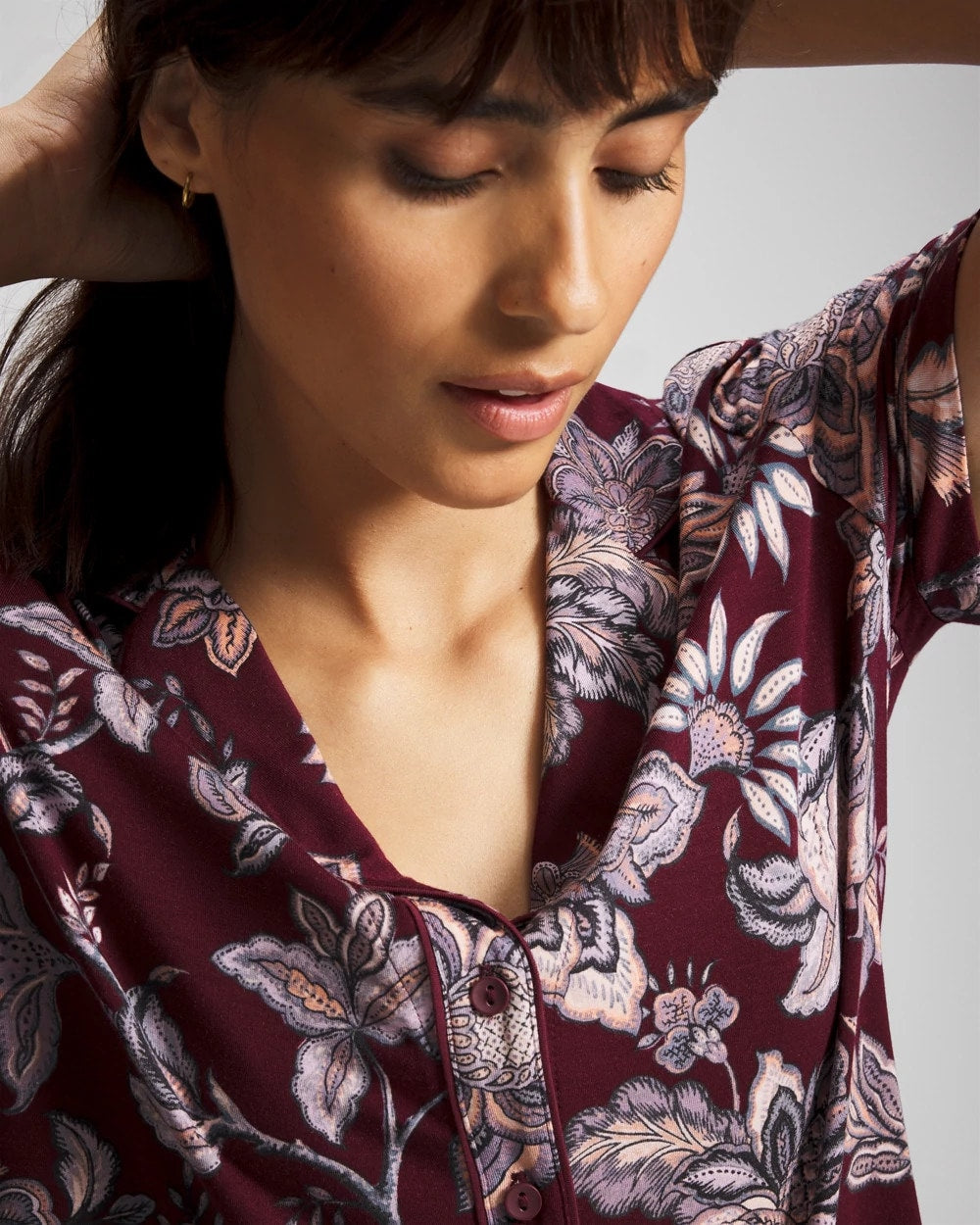 Soma / Piped Short Sleeve Notch Collar Pajama Top PAISLEY SPLENDOR PLUM