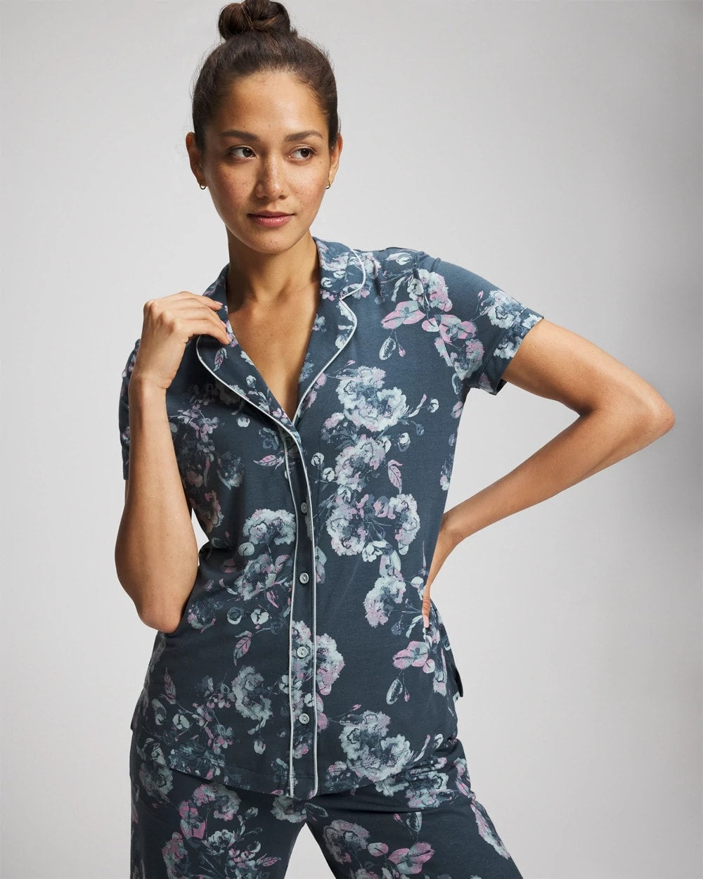 Soma / Piped Short Sleeve Notch Collar Pajama Top FLORA SHIMMER PETROL
