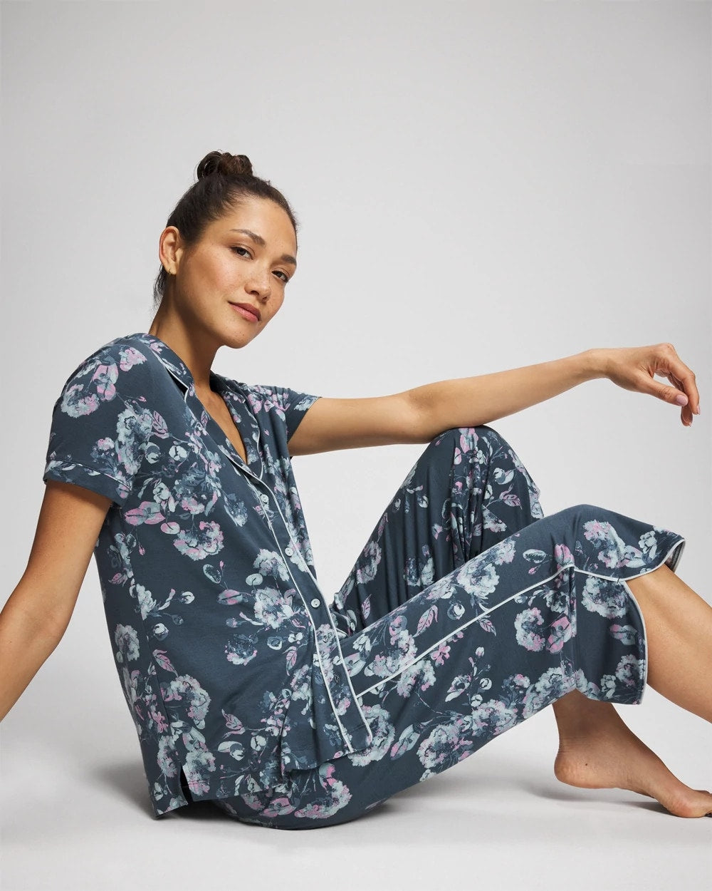 Soma / Piped Short Sleeve Notch Collar Pajama Top FLORA SHIMMER PETROL