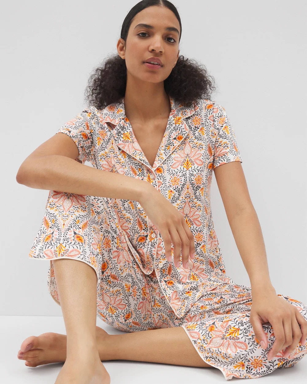 Soma / Piped Short Sleeve Notch Collar Pajama Top VINE PAISLEY CHAMPAGNE M