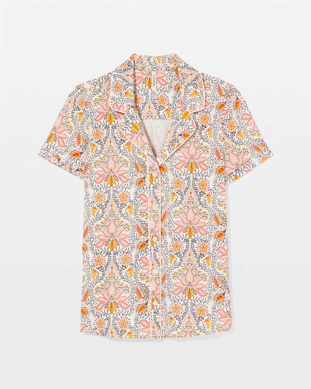 Soma / Piped Short Sleeve Notch Collar Pajama Top VINE PAISLEY CHAMPAGNE M