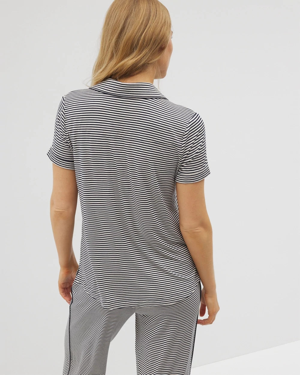 Soma / Piped Short Sleeve Notch Collar Pajama Top NIGHTCAP STRIPE NAVY
