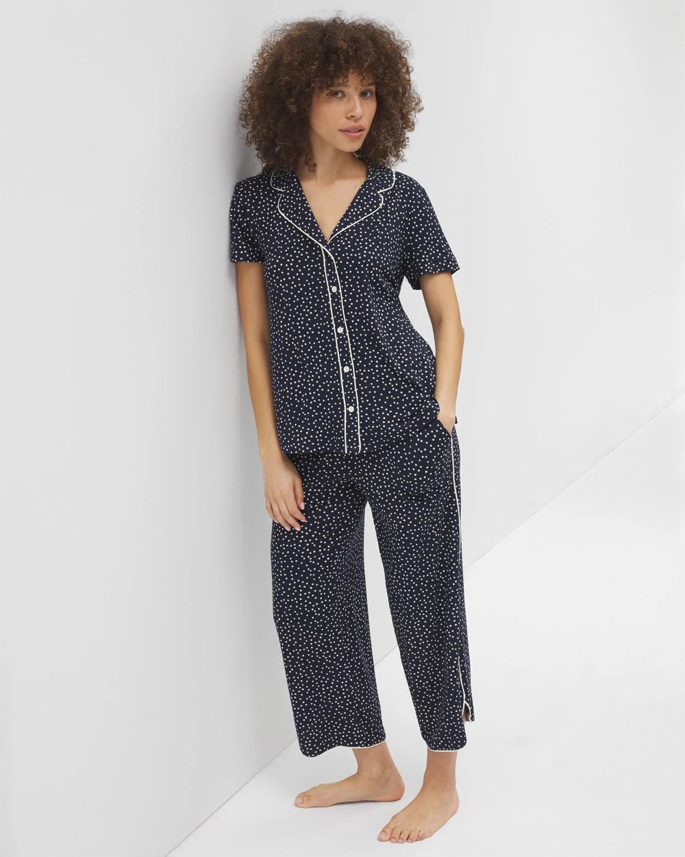 Soma / Piped Short Sleeve Notch Collar Pajama Top DOT OBSESSED NAVY