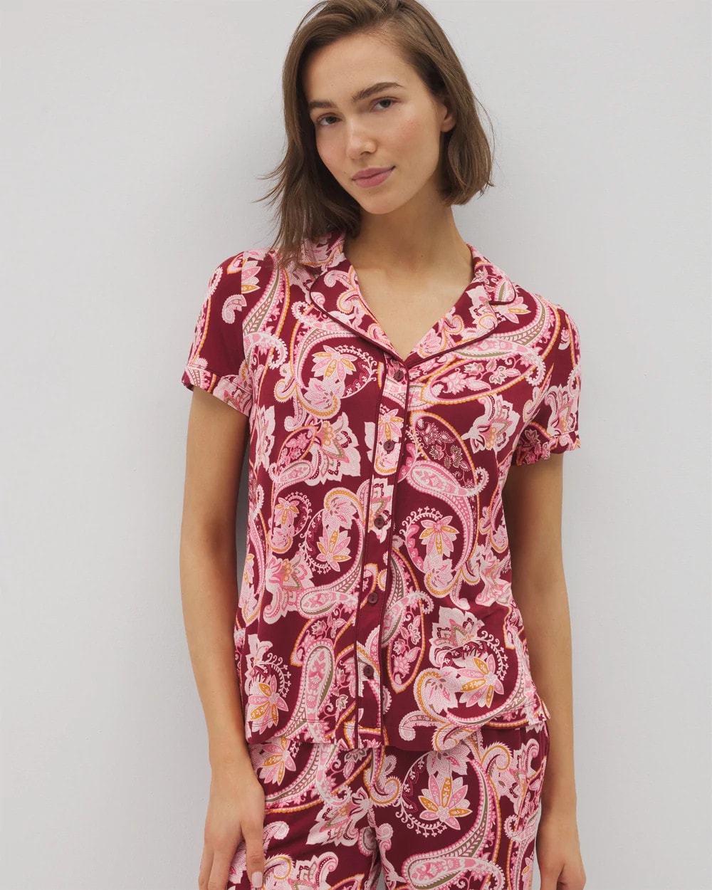 Soma / Piped Short Sleeve Notch Collar Pajama Top KASHMIR PAISLEY KISS