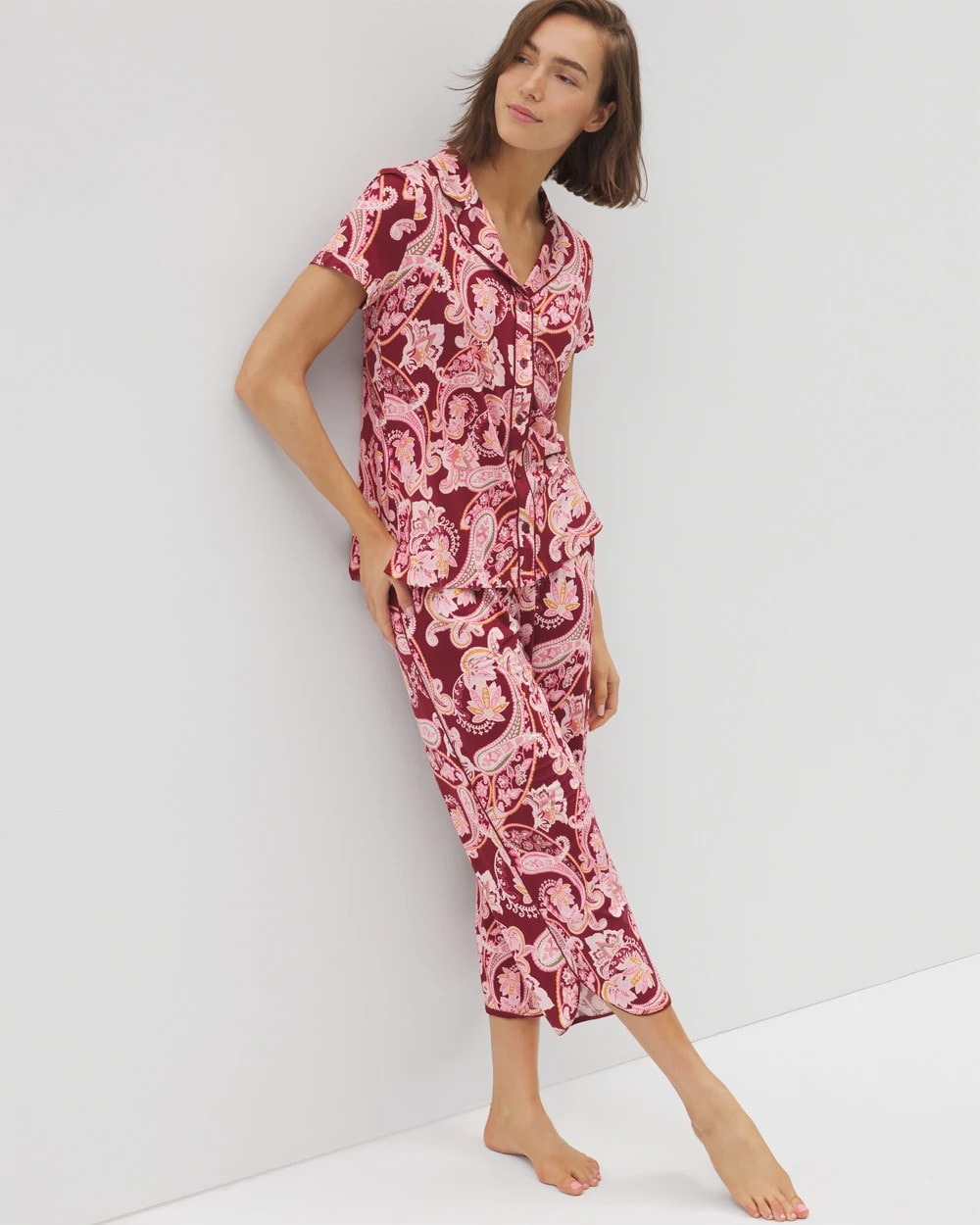 Soma / Piped Short Sleeve Notch Collar Pajama Top KASHMIR PAISLEY KISS