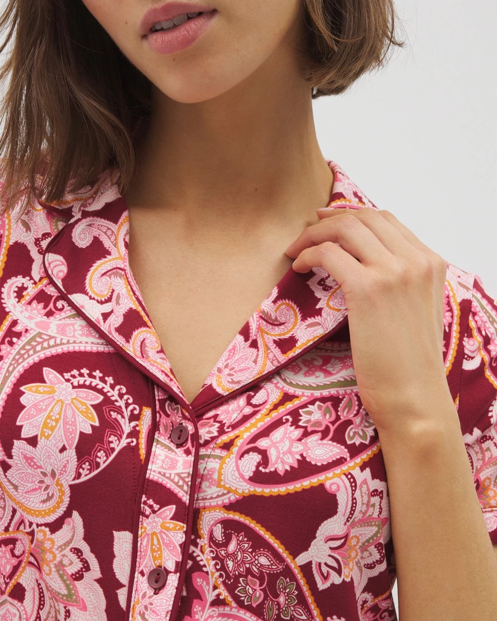 Soma / Piped Short Sleeve Notch Collar Pajama Top KASHMIR PAISLEY KISS