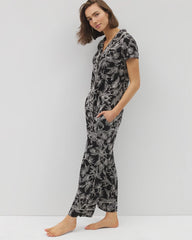 Soma / Piped Short Sleeve Notch Collar Pajama Top PLUMERIA BLOOMS BLK CH
