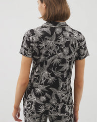 Soma / Piped Short Sleeve Notch Collar Pajama Top PLUMERIA BLOOMS BLK CH