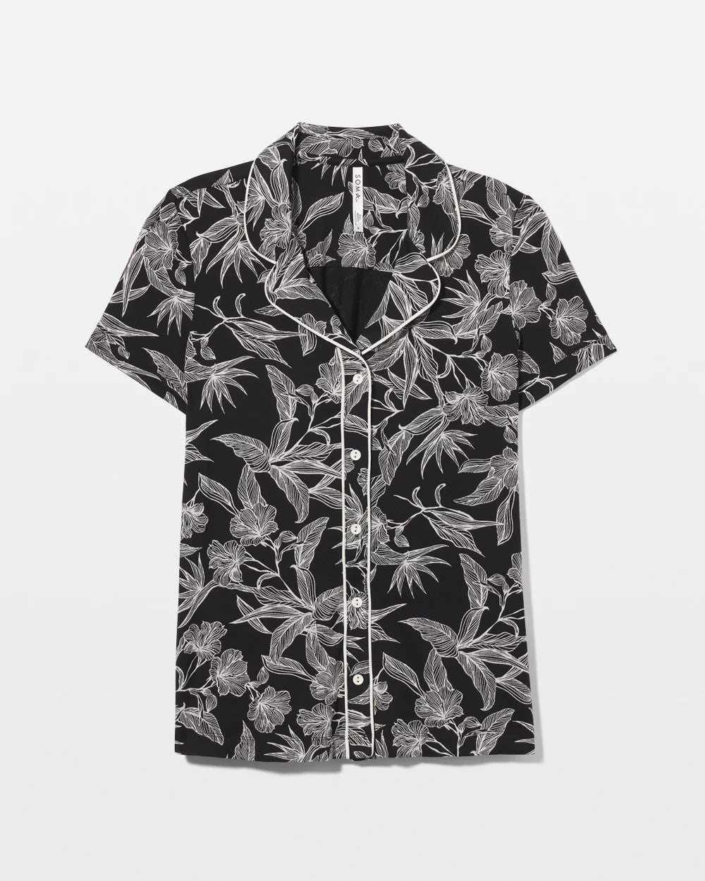 Soma / Piped Short Sleeve Notch Collar Pajama Top PLUMERIA BLOOMS BLK CH