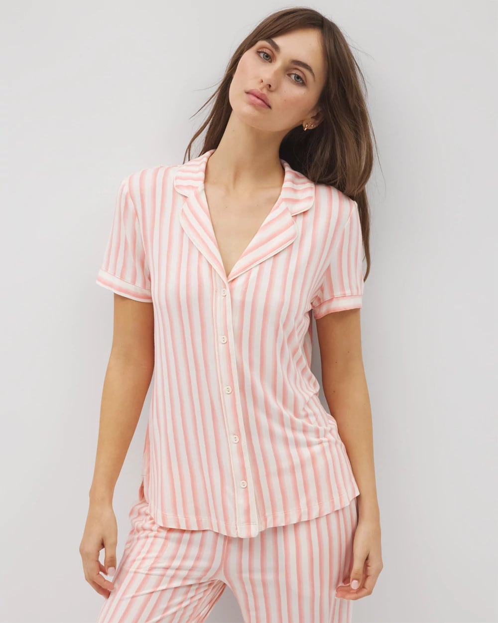 Soma / Piped Short Sleeve Notch Collar Pajama Top SUNNY STRIPES CHAMPAGNE