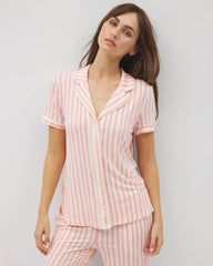 Soma / Piped Short Sleeve Notch Collar Pajama Top SUNNY STRIPES CHAMPAGNE