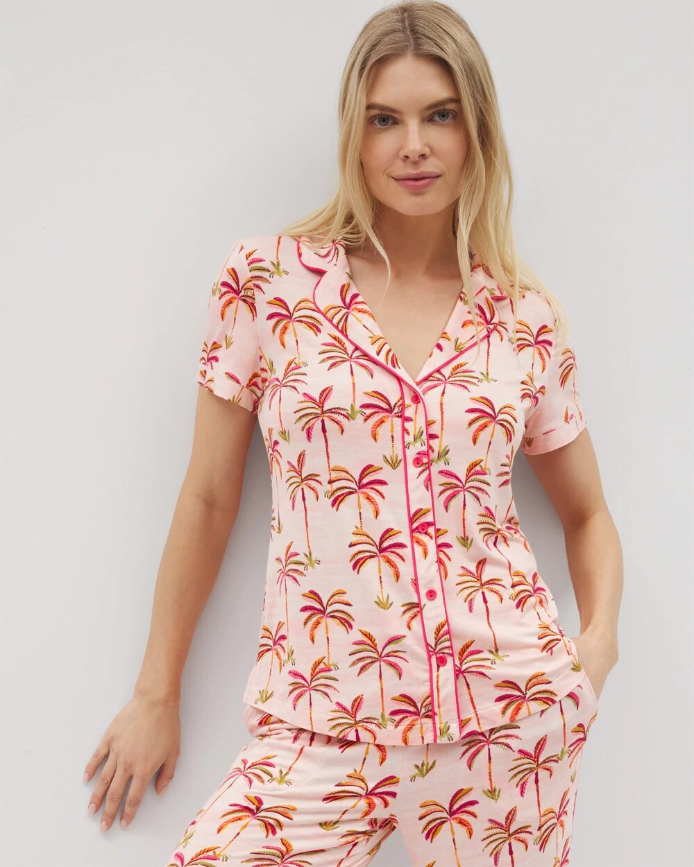Soma / Piped Short Sleeve Notch Collar Pajama Top SHAKE YOUR PALM PALMS P