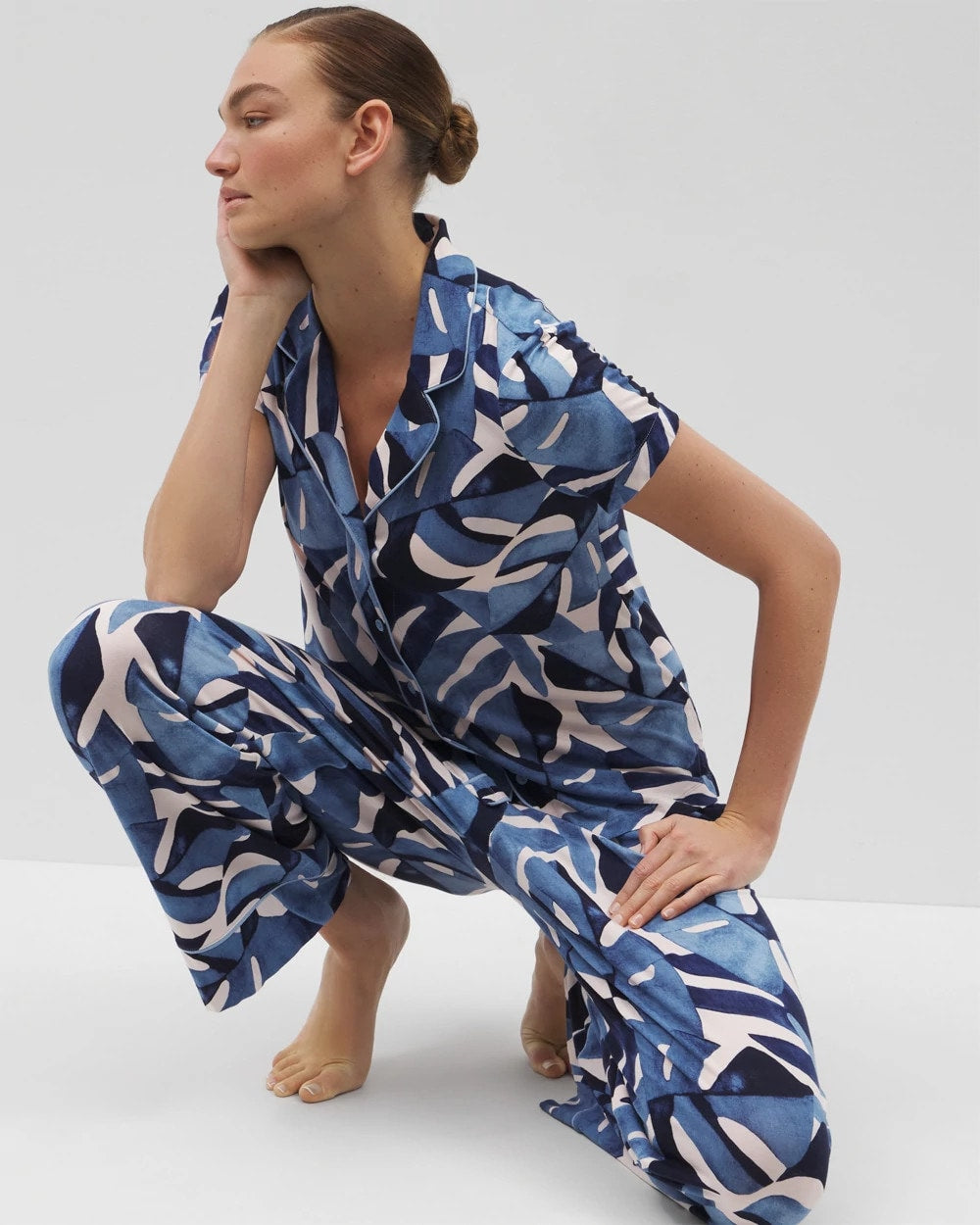 Soma / Piped Short Sleeve Notch Collar Pajama Top TROPICAL BREEZE SKY