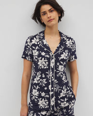 Soma / Piped Short Sleeve Notch Collar Pajama Top PLUMERIA DREAM NAVY