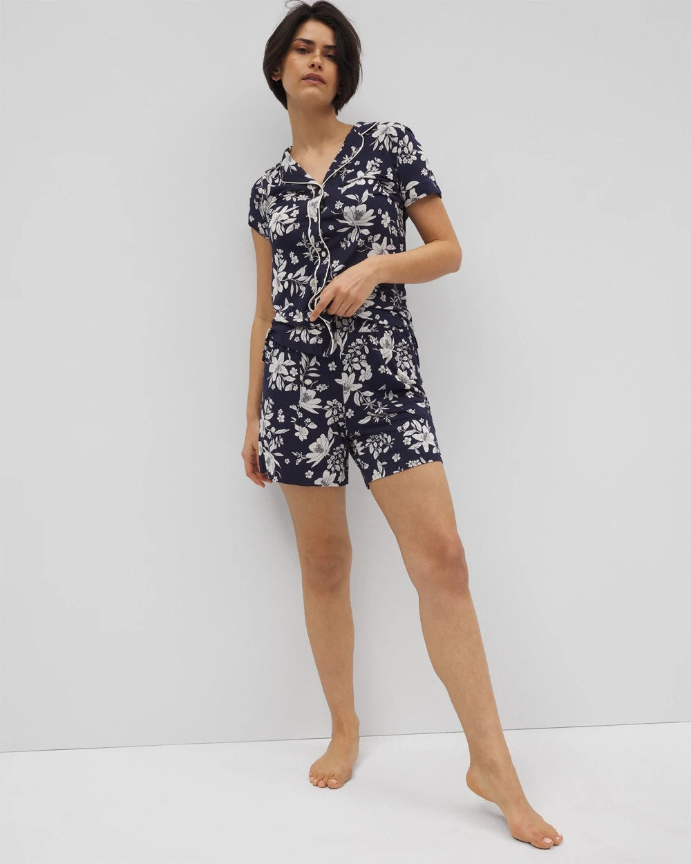 Soma / Piped Short Sleeve Notch Collar Pajama Top PLUMERIA DREAM NAVY